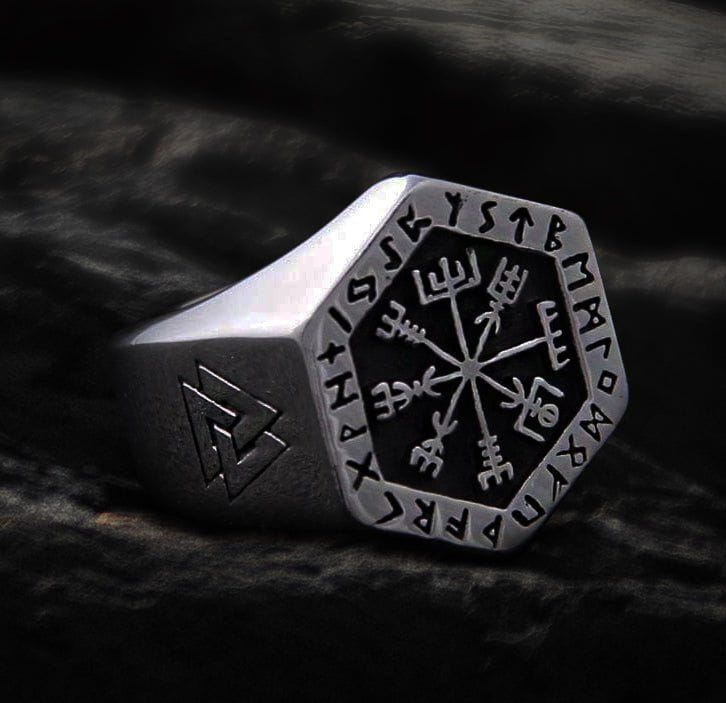 Silver steel Viking Vegvisir compass ring with runic inscription and Valknut symbol.