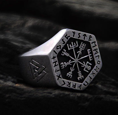 Silver steel Viking Vegvisir compass ring with runic inscription and Valknut symbol.