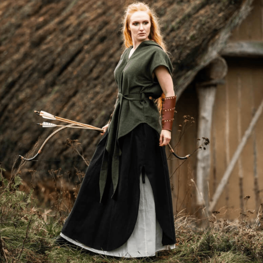 viking dresses for women Dress in Natural Cotton with Blue Trim The brooches are used to fasten the shoulder straps in the front Aslaug Viking Dress - Blue