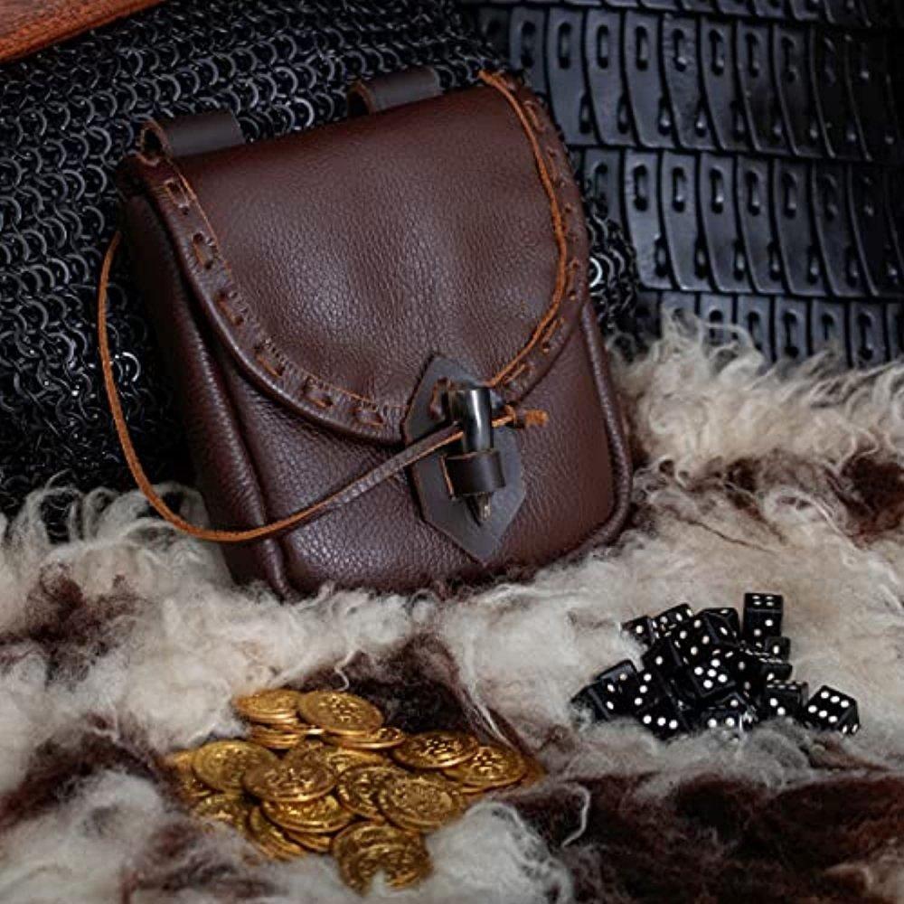 Viking dark brown leather belt pouch with horn toggle closure, gold coins, and dice on fur.