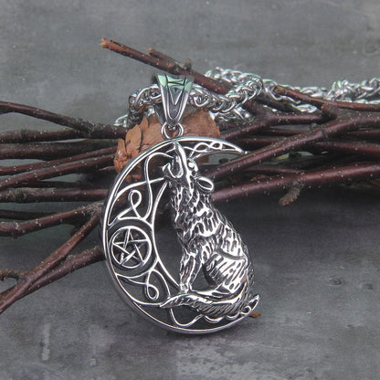 Howling Wolf and Moon Amulet Viking Knotwork Necklace Pendant from Viking Warrior Co.