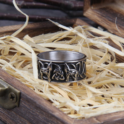 Howling Wolves of Odin Geri and Freki Triskele Knot Viking Ring