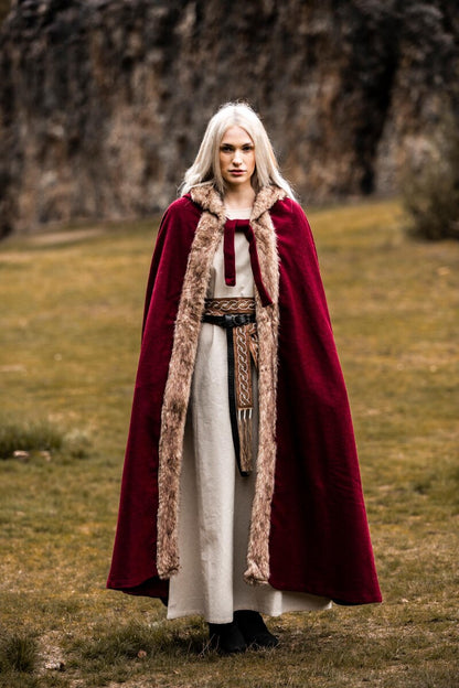 Red Viking Cloak | Hooded with Faux Fur Trim
