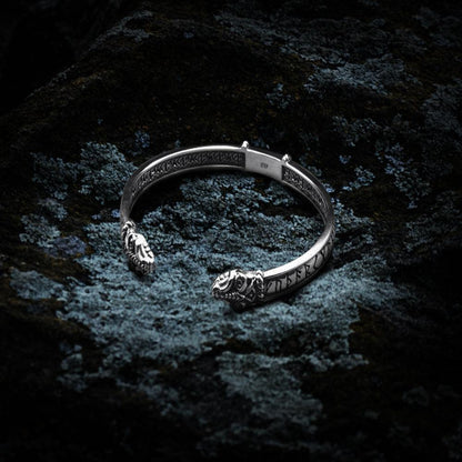 Silver Viking Jormungandr cuff bracelet with intricate dragon heads and Elder Futhark runes.