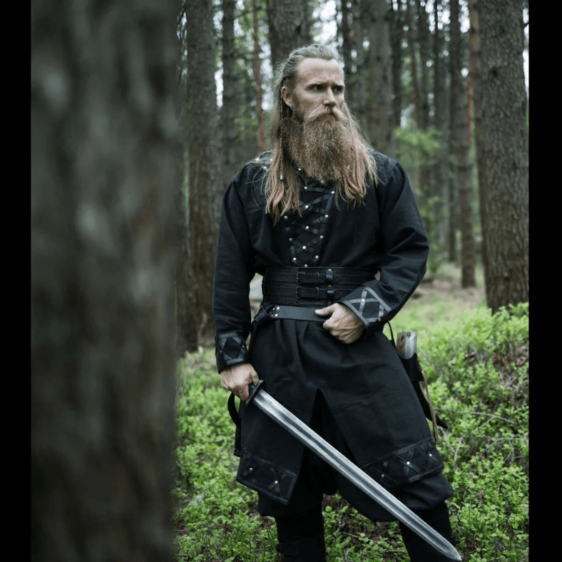 Viking Lord Long Sleeve Viking Tunic (Black) Embellished with Leather XL