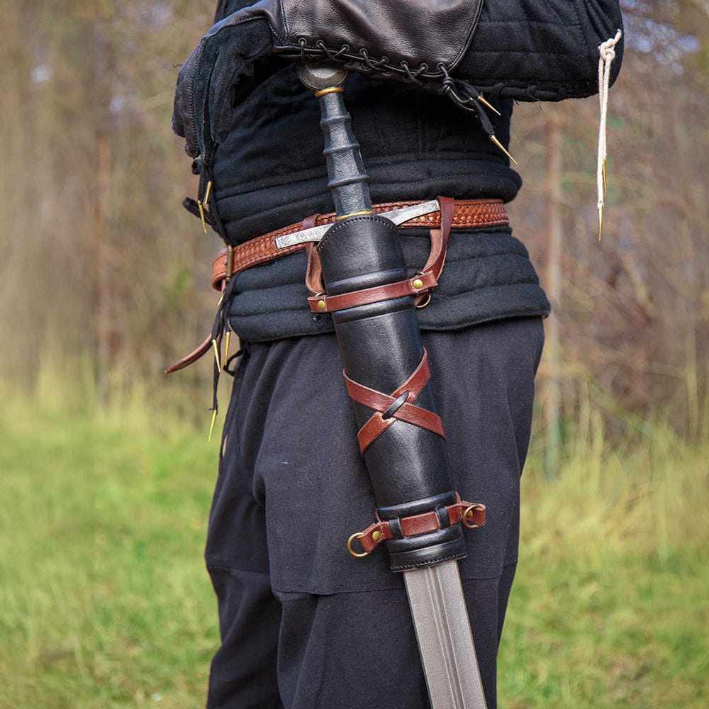 Leather Sword Belt Hanger in Black with Brown detailing.
