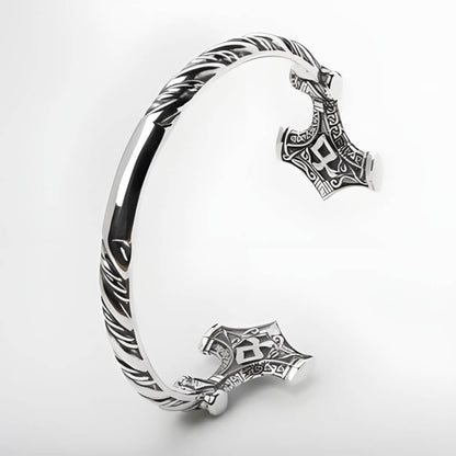 Silver Viking Mjolnir Rune Hammer open cuff bracelet with intricate carved details.