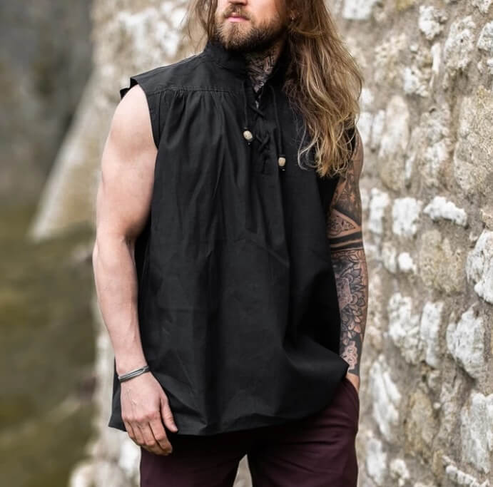 Viking-style black sleeveless period shirt with lace-up collar and wooden buttons.