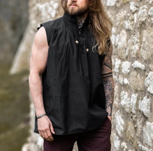 Viking-style black sleeveless period shirt with lace-up collar and wooden buttons.