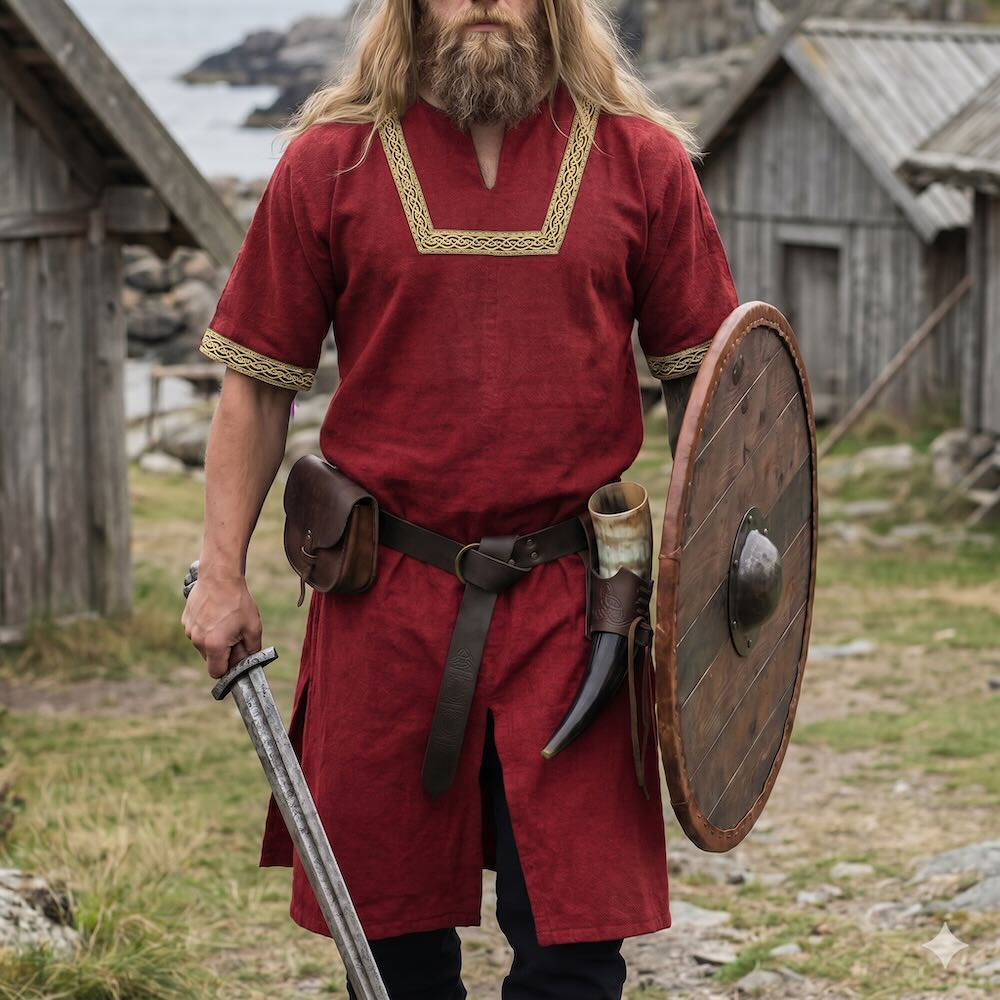Viking man in a red short-sleeved tunic with gold trim, holding a sword and shield.