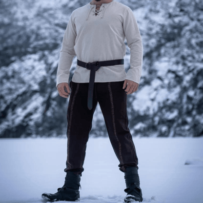 Natural Cotton Viking Tunic | Long Sleeves, Lace-Up Collar-4-Viking Warrior