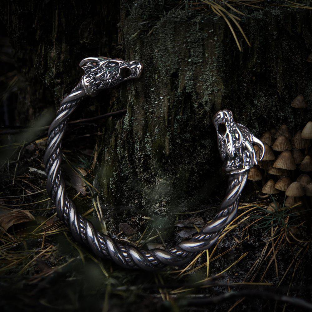 Viking Nidhogg Dragon Head Arm Ring Torc Bracelet, silver-toned metal, twisted design.