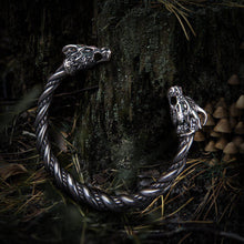 Viking Nidhogg Dragon Head Arm Ring Torc Bracelet, silver-toned metal, twisted design.