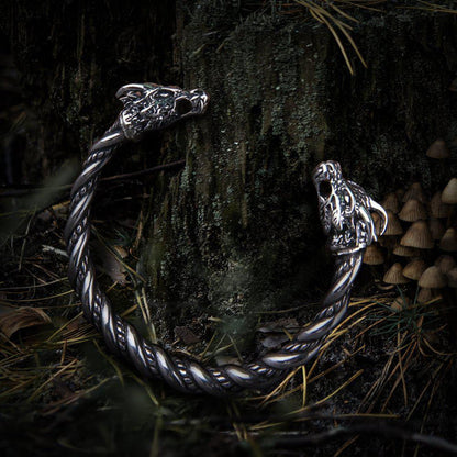Viking Nidhogg Dragon Head Arm Ring Torc Bracelet, silver-toned metal, twisted design.