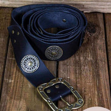 Black leather Viking belt with ornate bronze buckle and decorative medallions.