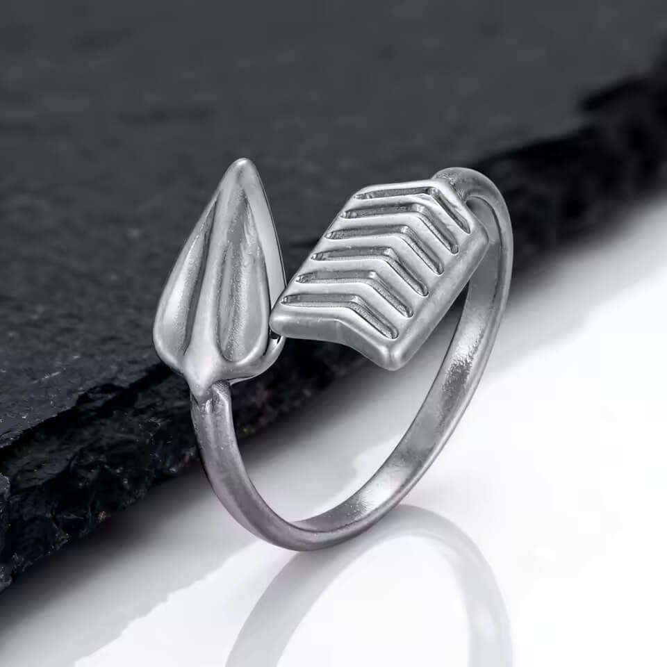 Viking Nordic Tyr arrow ring, minimalist open band in silver-toned metal with leaf and chevron details.