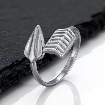 Viking Nordic Tyr arrow ring, minimalist open band in silver-toned metal with leaf and chevron details.