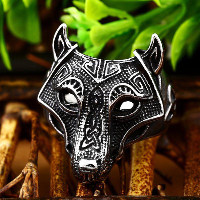 Viking Nordic wolf head stainless steel ring, intricate silver design.