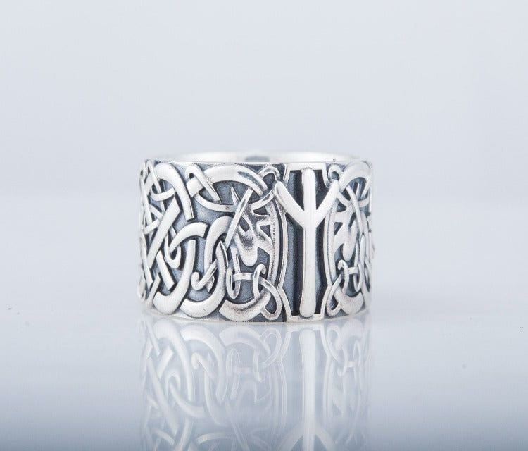 Viking Norse sterling silver ring with intricate Celtic knots and a prominent Algiz rune.
