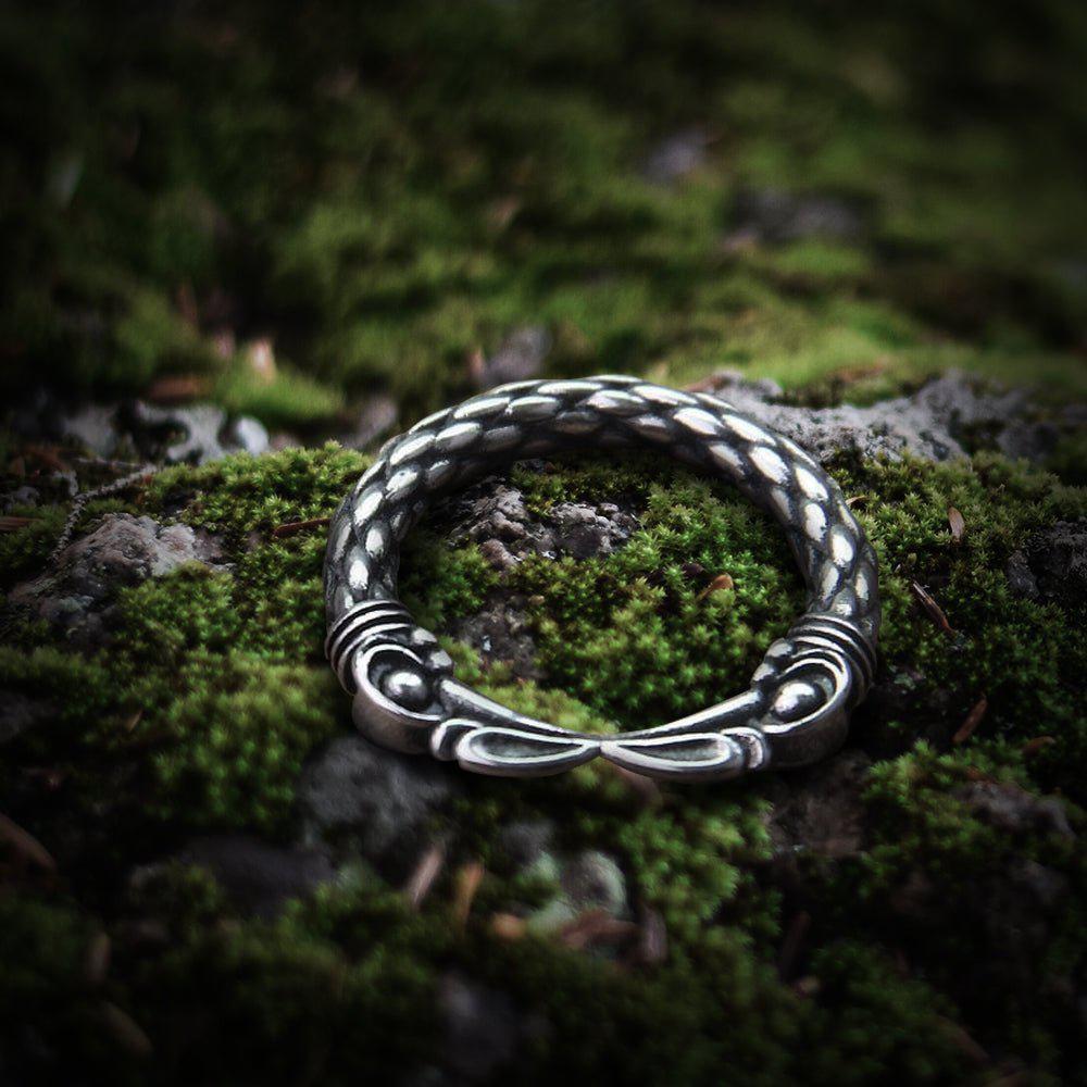 Viking steel ring with Hugin and Munin raven heads, intricate silver knotwork, on mossy ground.