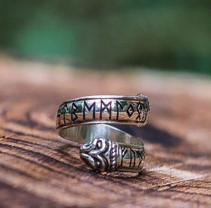 Sterling silver Viking Ouroboros ring with Elder Futhark runes, coiled design.