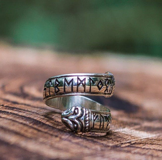 Sterling silver Viking Ouroboros ring with Elder Futhark runes, coiled design.