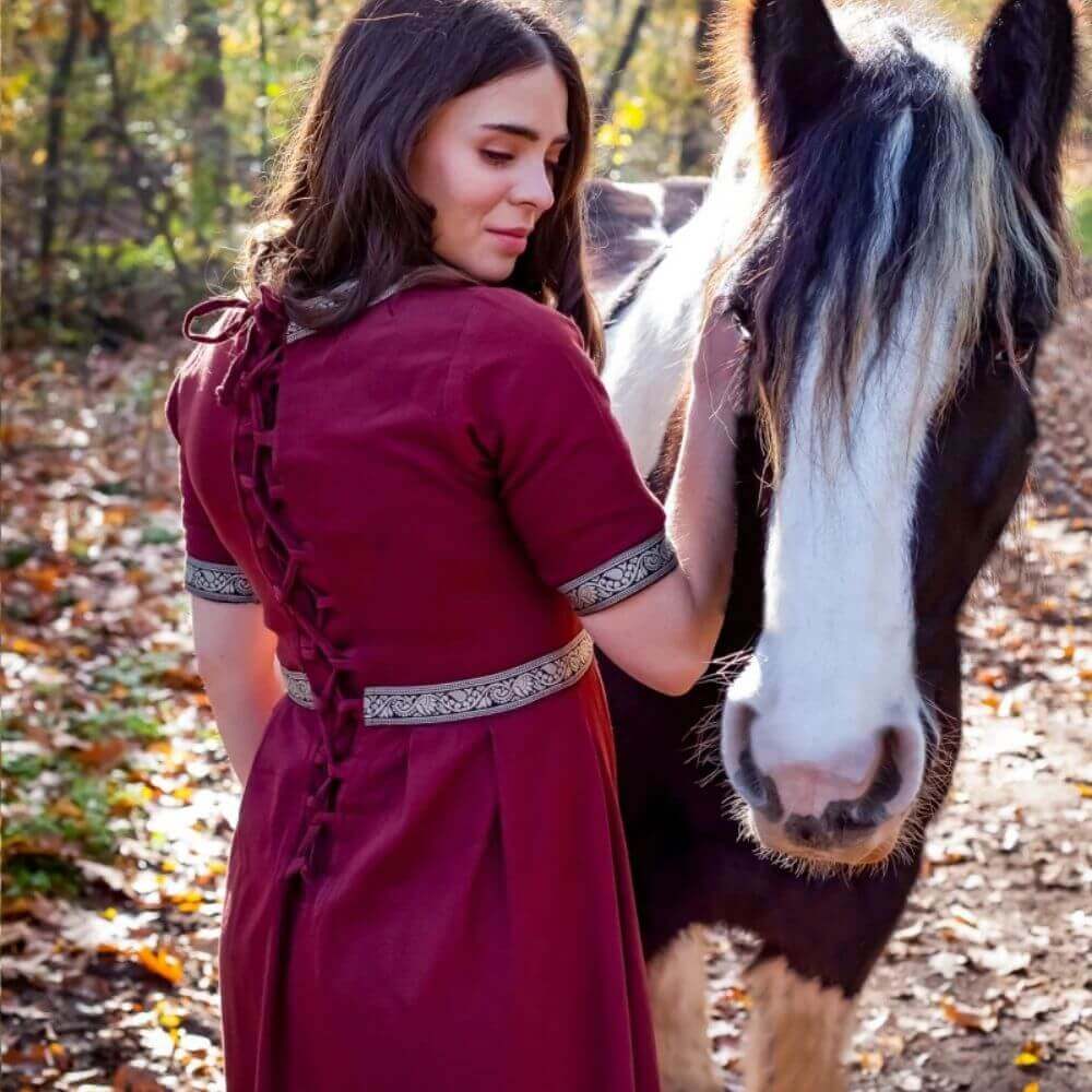 Red Short Sleeve Viking Dress | Viking Era Style with Embroidered Trim