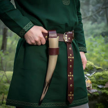 Brown leather Viking belt with brass rivets, ring loop, and horn holder.