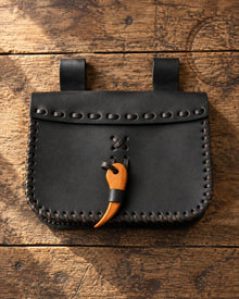 Black Viking Belt Pouch | Carved Toggle & Laced Edges