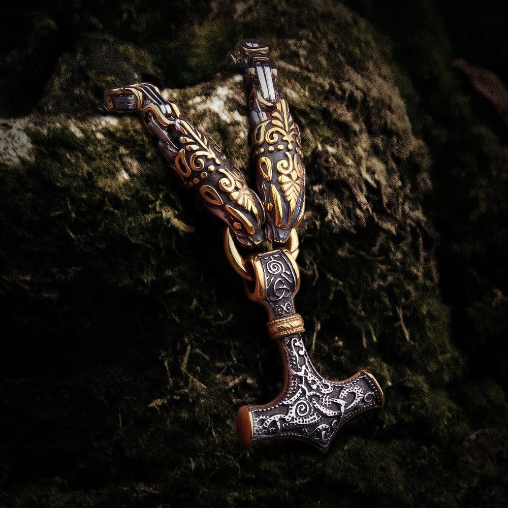 Viking Mjolnir King's Chain in gold and steel with intricate serpent and scrollwork details.