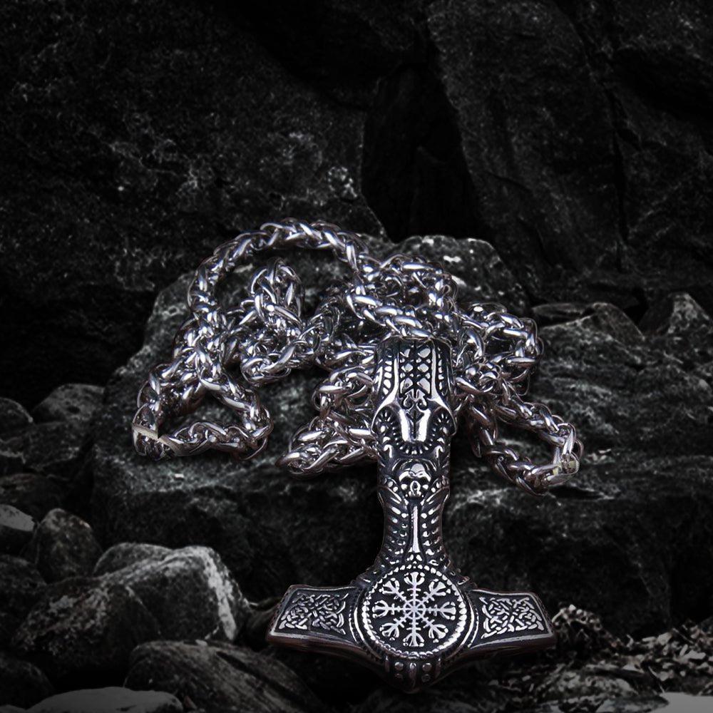 Viking silver-tone Mjolnir pendant with skull and Helm of Awe seal on a thick chain.
