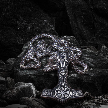 Viking silver-tone Mjolnir pendant with skull and Helm of Awe seal on a thick chain.