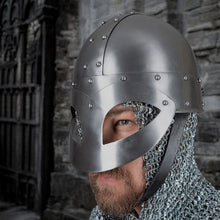 Steel Viking face guard helmet with chainmail, medieval combat gear.