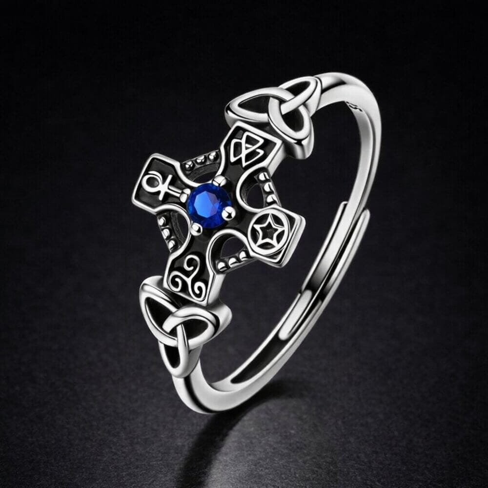 Sterling Silver Celtic Cross Ring with Blue Stone