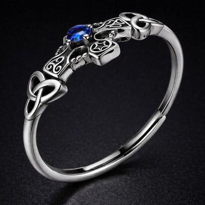 Sterling Silver Celtic Cross Ring with Blue Stone
