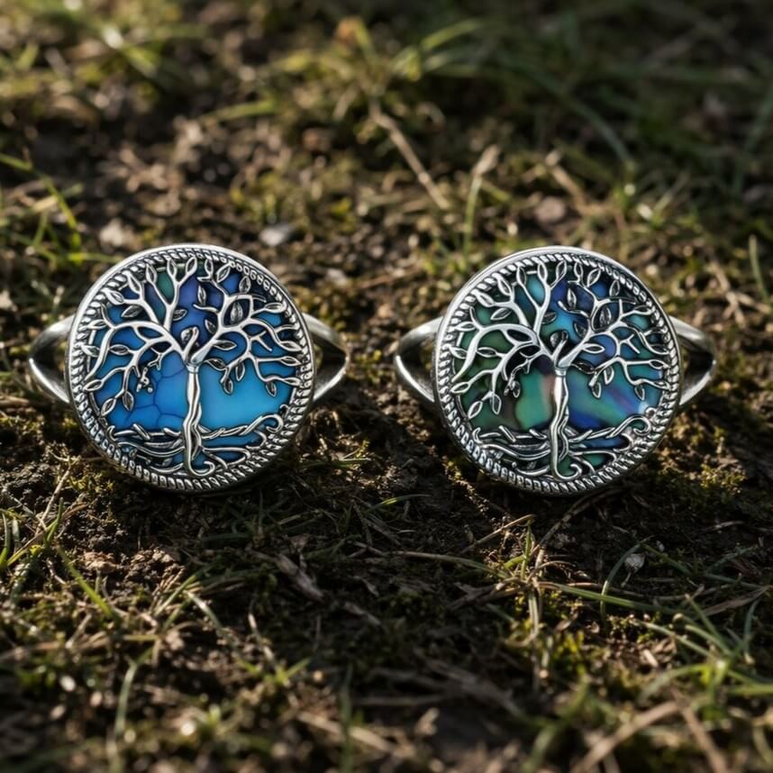 Sterling silver Viking Tree of Life rings with blue and green abalone shell inlay.