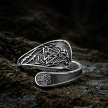 Sterling silver Viking wolf Valknut ring with intricate knotwork and bear paw detail.