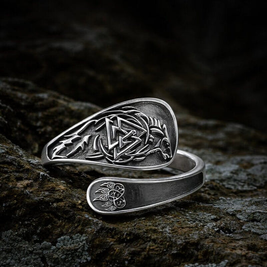 Sterling silver Viking wolf Valknut ring with intricate knotwork and bear paw detail.
