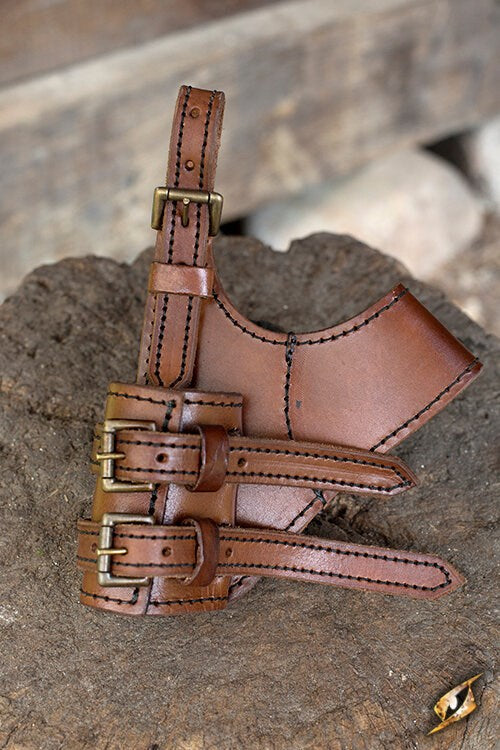 Brown leather sword frog with gold buckles designed for right-handed draw; ideal for Viking cosplay gear.