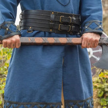 Black double-design thick leather Viking belt with buckles, worn over a blue tunic, holding an axe.