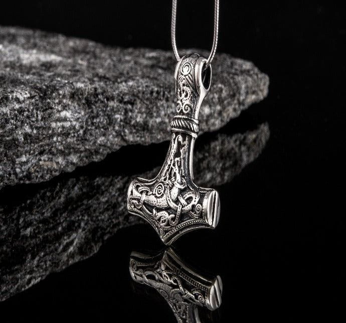 Viking Thor's Hammer Mjolnir pendant in sterling silver, featuring intricate Mammen style knotwork.