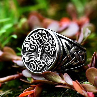 Silver Viking Tree of Life knotwork ring with intricate Celtic band design.