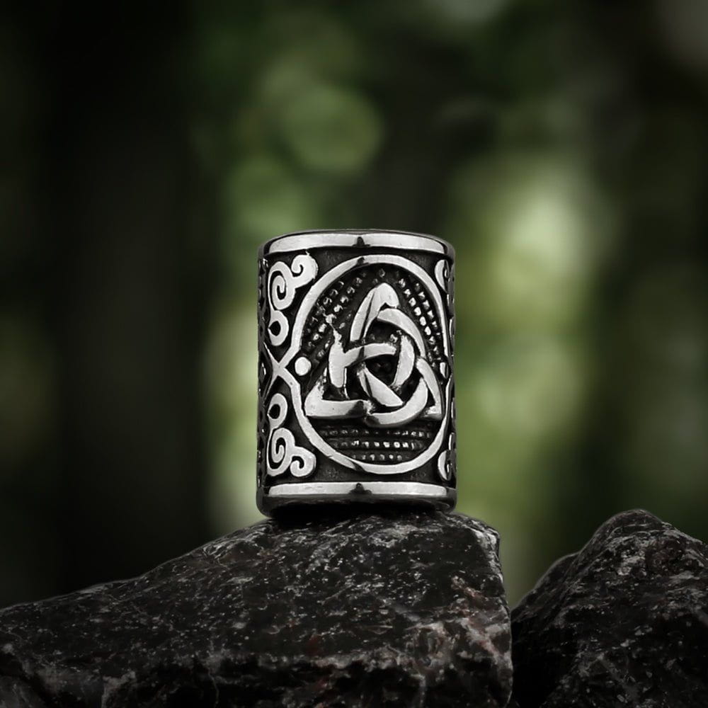 Viking Triquetra steel beard bead with intricate Celtic knotwork design.