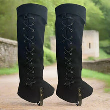 Black faux leather Viking boot covers with front lacing and shoe straps.