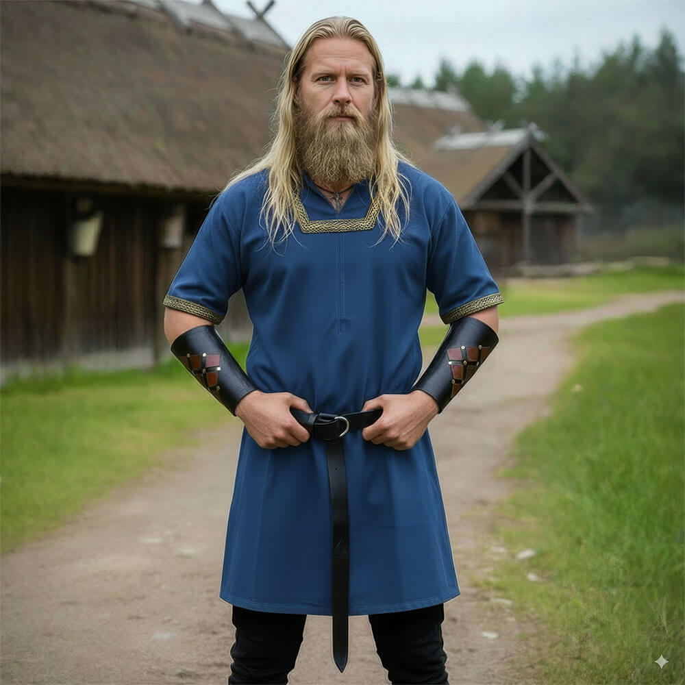 Man in a blue short-sleeved Viking tunic with leather bracers, standing on a village path with wooden huts behind.