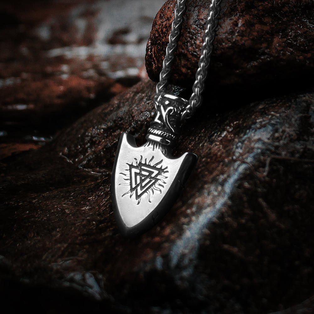 Viking arrowhead necklace with Valknut and Vegvisir symbols, crafted from polished steel.