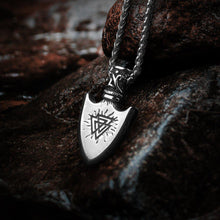 Viking arrowhead necklace with Valknut and Vegvisir symbols, crafted from polished steel.