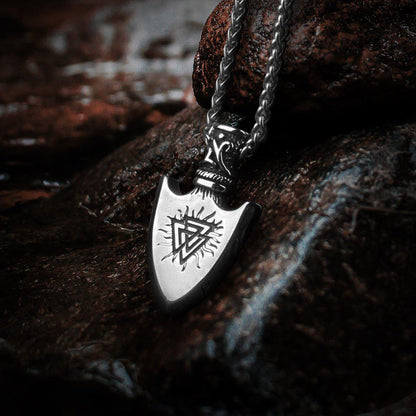 Viking arrowhead necklace with Valknut and Vegvisir symbols, crafted from polished steel.