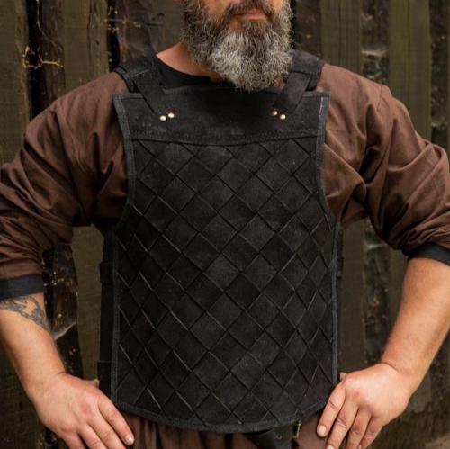 Viking black leather lamellar cuirass with adjustable straps and brass rivets.