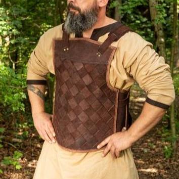 Viking brown leather lamellar cuirass with woven design, adjustable straps.
